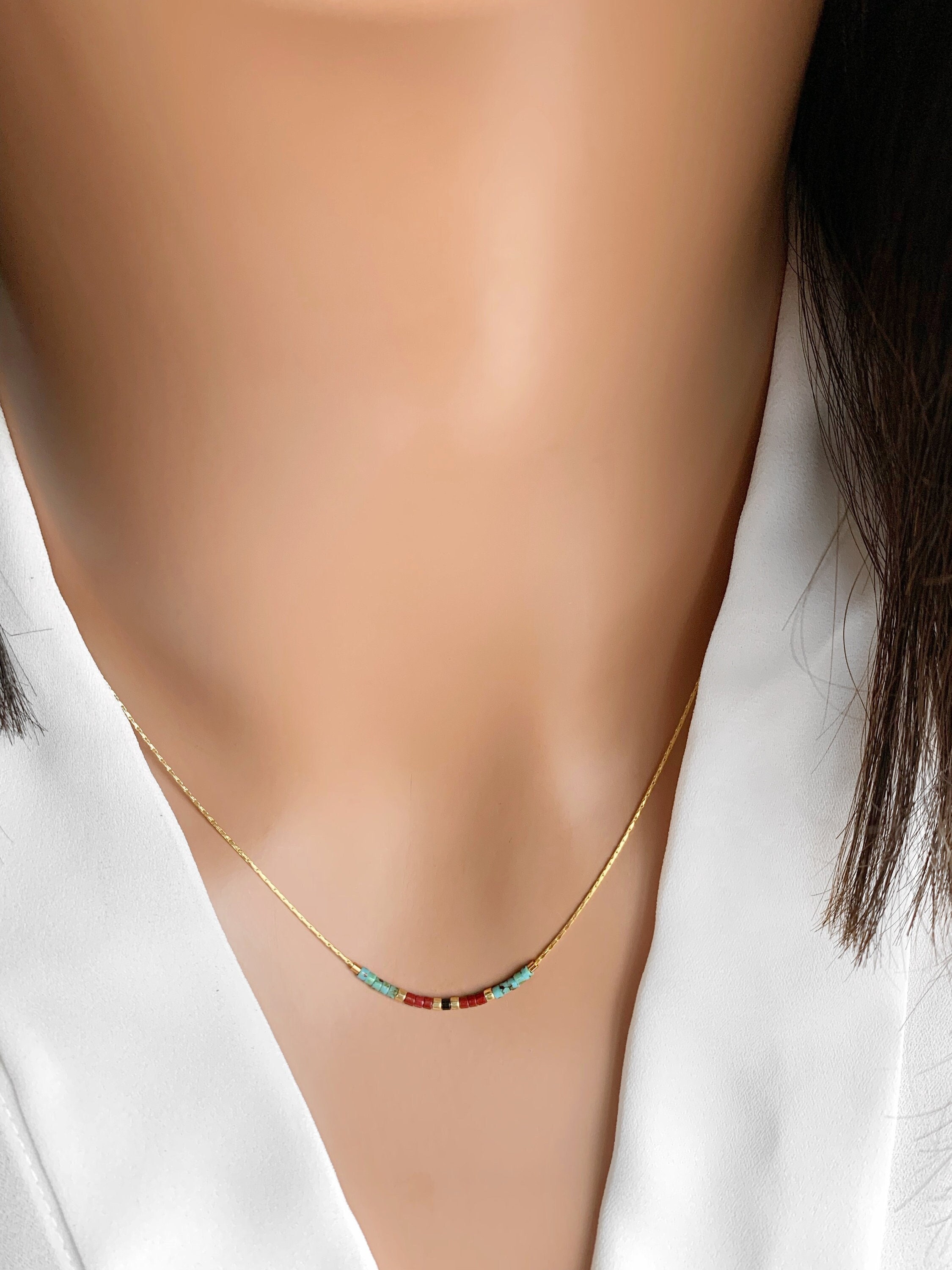 Gold Dainty Beaded Necklace, Turquoise Beaded Necklace, Boho Delicate Necklace, Silver Minimalist Necklace, Colorful Layering Necklace.