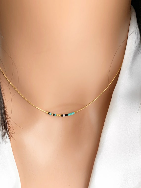 Delicate Sterling Silver Chain Seed Bead Necklace Minimalist Beaded Necklace Boho Multicolor Seedbeads Necklace Gift for Her (Turquoise Colored and