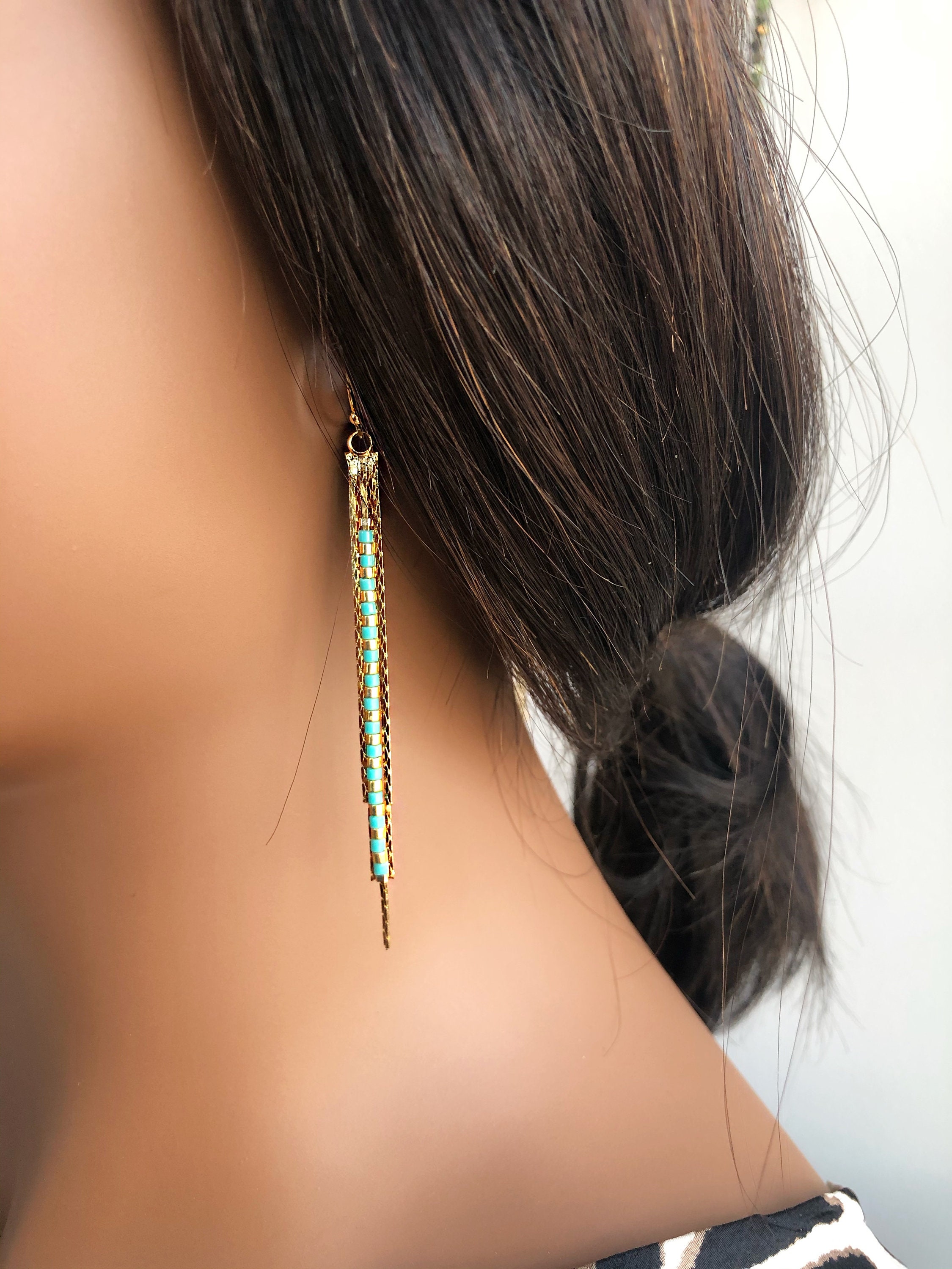 Beaded Tassel Chain Earrings Bead Tassel Earrings Gold Long Etsy UK