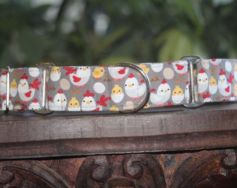 Chicken and egg Easter dog collar grey background buckle or martingale, size small through giant