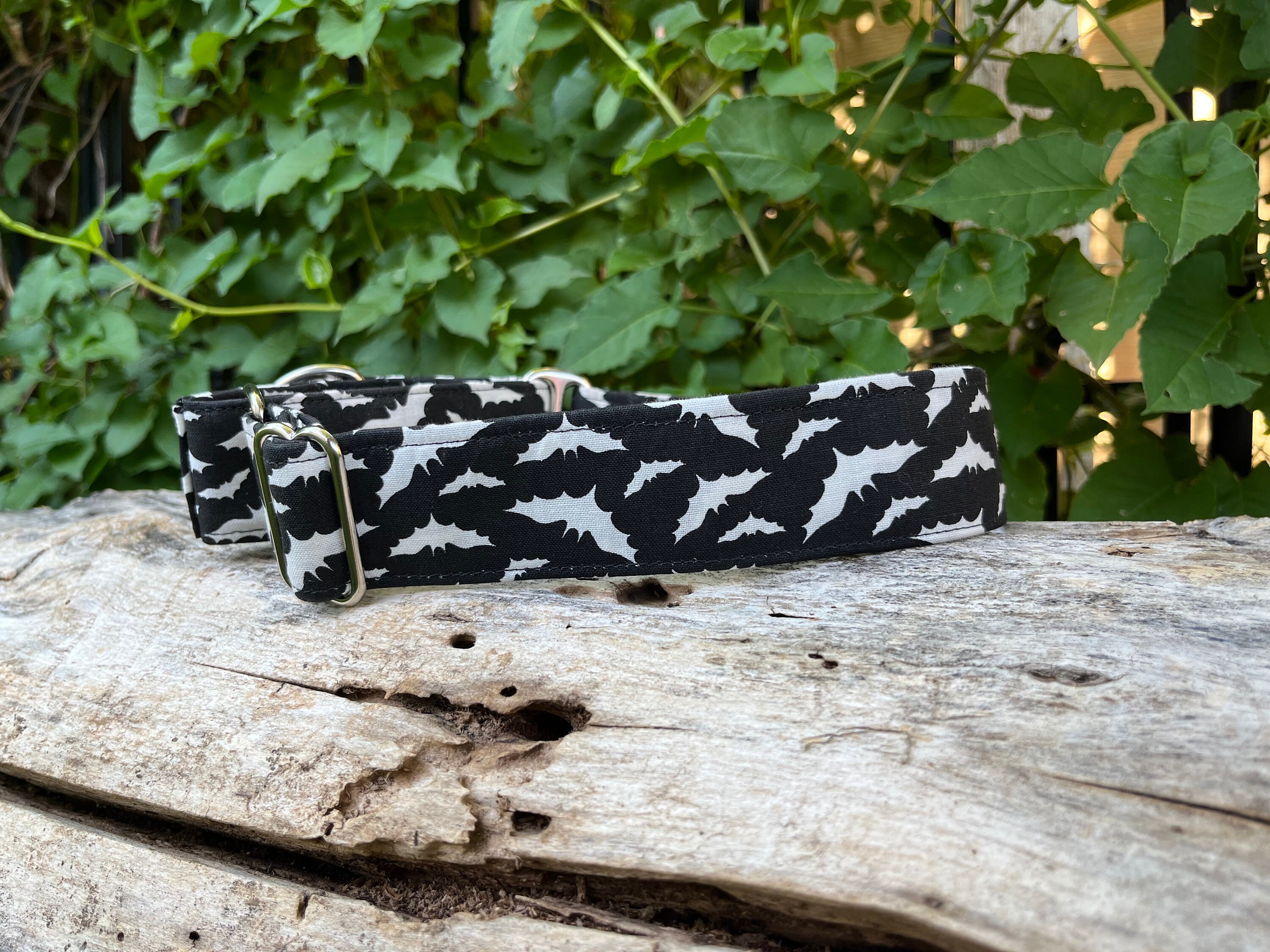 Black and White bat Halloween dog collar, buckle or martingale, size small through giant (pattern placement varies)
