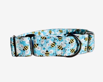 Adorable bee print dog collar, camo buckle or martingale, size small through giant