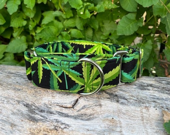 Pot Leaf Weed Marijuana dog collar, buckle or martingale, size small through giant (pattern placement varies)