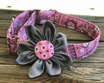Pink bandanna dog collar, pink bandanna martingale dog collar, western collar for dogs, extra large collar, thick collar, wide dog collar