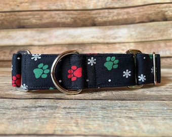 Christmas Paw Print Dog Collar: Martingale or Buckle