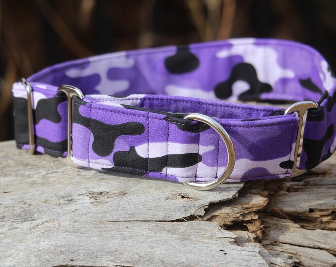 Purple, Black and White Camo Dog Collar, No Slip Dog Collar, Martingale