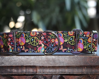 Peace Sign Martingale Dog Collar: Wide Nylon Webbing
