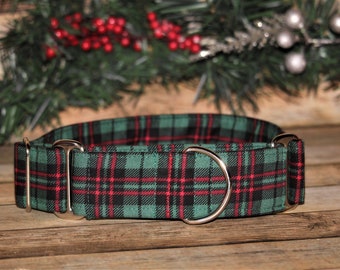 Green and red plaid Christmas dog collar, buckle or martingale, size small through giant