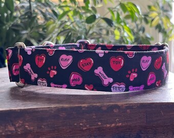 Dog themed candy hearts Valentine dog collar, buckle OR martingale, size small through giant