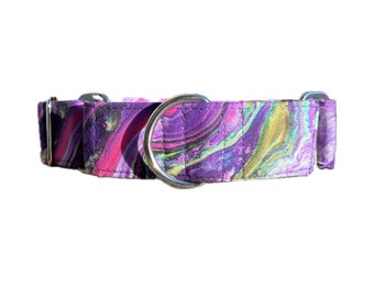 Purple, pink and green  swirl - water color - tie dye dog collar, camo buckle or martingale, size small through giant.