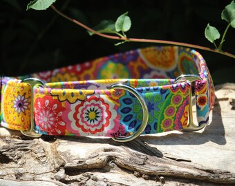 Spring flower mandala print dog collar, buckle or martingale, size small through giant