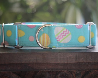 Teal Easter egg print dog collar, buckle or martingale, size small through giant