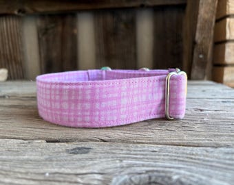 May include: A pink and white gingham dog collar with silver hardware.