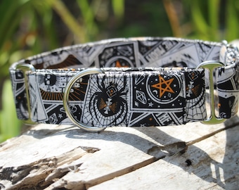 Collar de perro de Halloween con estampado de cartas del tarot, martingala o hebilla, desde pequeño hasta gigante