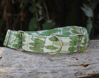 Green and White Vine Canvas Martingale Dog Collar, wide and thick, size small through XL