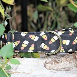 Puede incluir: Un collar de perro negro con un patrón de maíz dulce. El collar tiene dos anillos en D plateados.