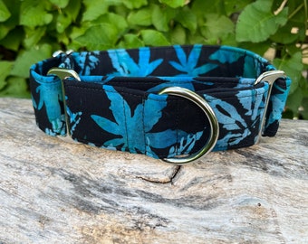 Blue batik Pot Leaf Weed Marijuana dog collar, buckle or martingale, size small through giant (pattern placement varies)