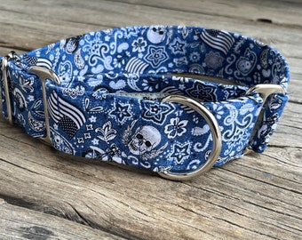 Blue skull, flag, motorcycle, bandana print dog collar, buckle OR martingale, size small through giant (pattern placement varies)