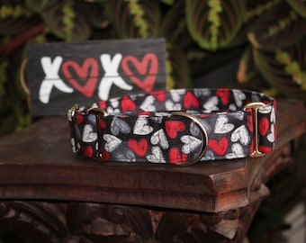 Valentine dog collar, heart dog collars, pink martingale extra wide dog collar, red extra large dog collar, XL collar, thick dog collars