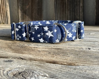 Blue and white star print dog collar, buckle OR martingale, size small through giant (pattern placement varies)