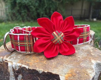 Red Plaid Christmas Dog Collar: Martingale or Buckle, Holiday Pet Collar