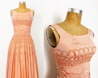 1950s / 50s Vintage Peach Swirl Party Dress / XS / S