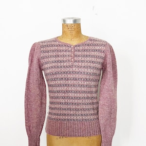 1980s / 80s Vintage Mauve Striped Puff Sleeve Sweater / Extra Small