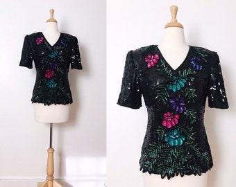 1980s / 80s Vintage Sequin Silk Floral Blouse / Short Sleeve Beaded Top / Small / Medium