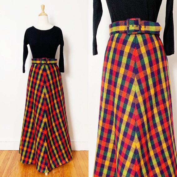 1970s / 70s Vintage Plaid Wool A-Line Maxi Skirt w