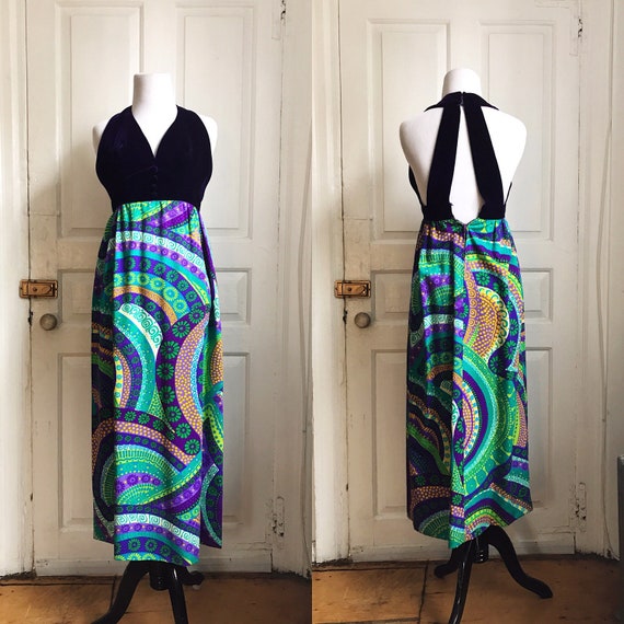 1960s / 60s Vintage Psychedelic Velvet Halter Maxi