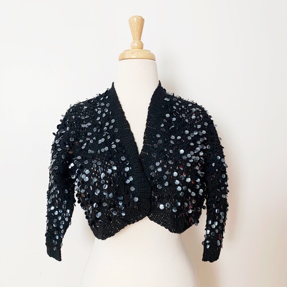 1970s Vintage Black Wool Sequin Shrug 