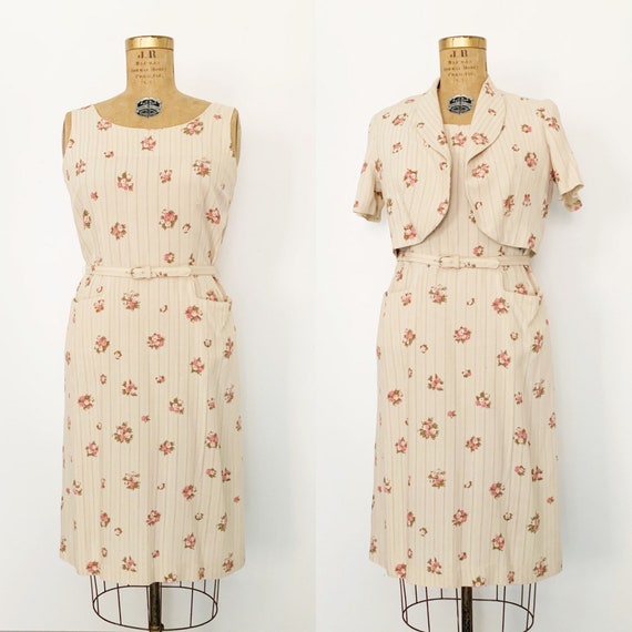 1950s / 50s Vintage Rose Print Sheath Dress and J… - image 1