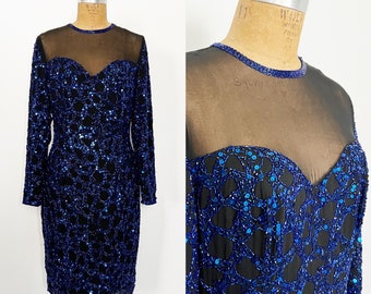 1990s / 90s Vintage Blue Beaded Sequin Illusion Silk Cocktail Dress / Small