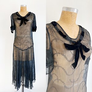 1920s / 20s Vintage Antique Black Silk Chiffon Eyelet + Velvet Bow Dress / Extra Small