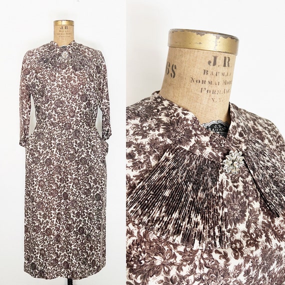 1950s / 50s Vintage Brown Floral Print Sheath Dre… - image 1