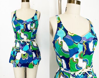 1960s / 60s Vintage Mod Floral Play Suit Top / Swim Dress / Small / Medium