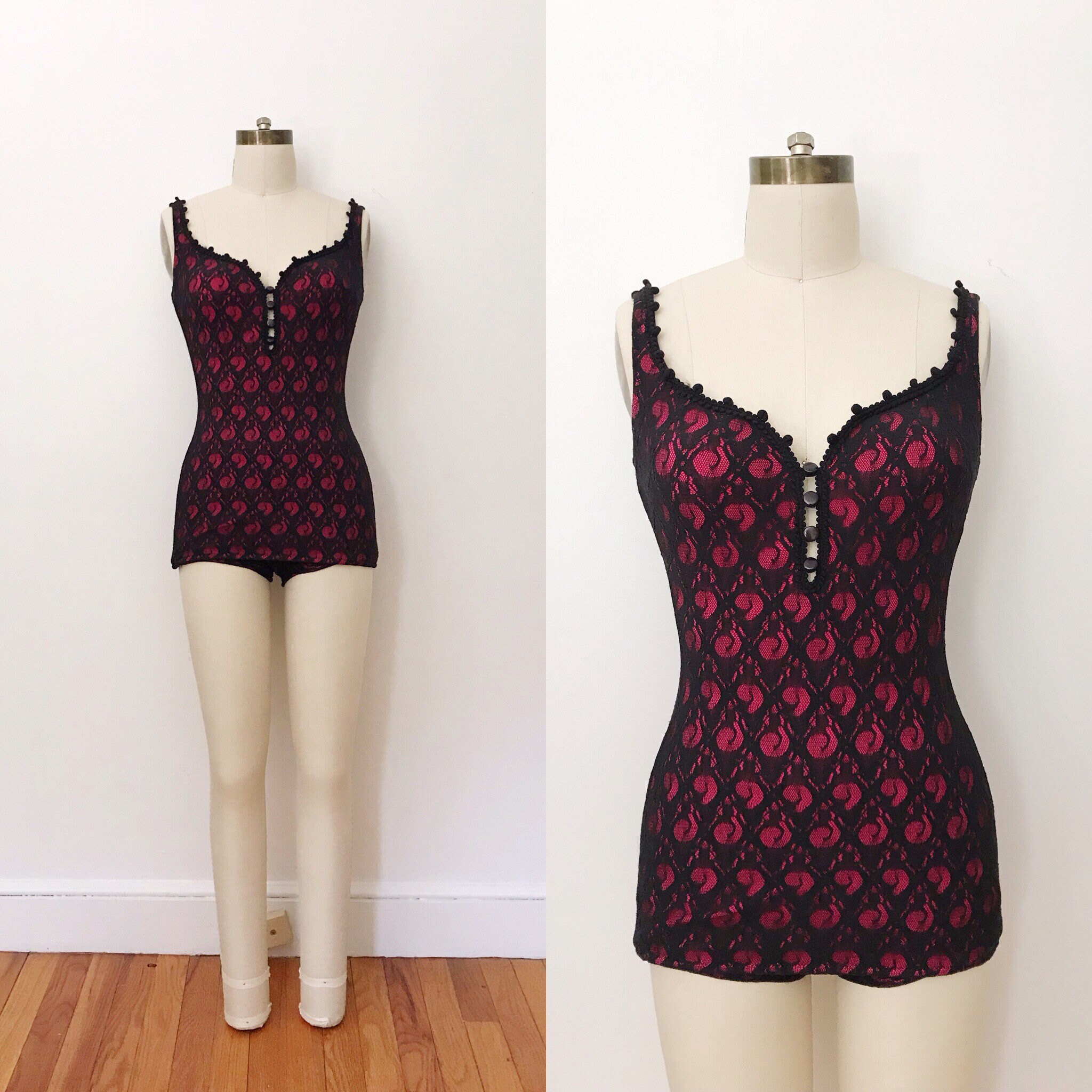 1960s 60s Vintage Pink And Black Lace One Piece Swimsuit By Etsy