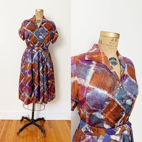 1950s / 50s Vintage Abstract Argyle Shirtwaist Dre
