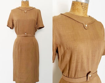 1950s / 50s Vintage Tan Belted Sheath Dress / Medium
