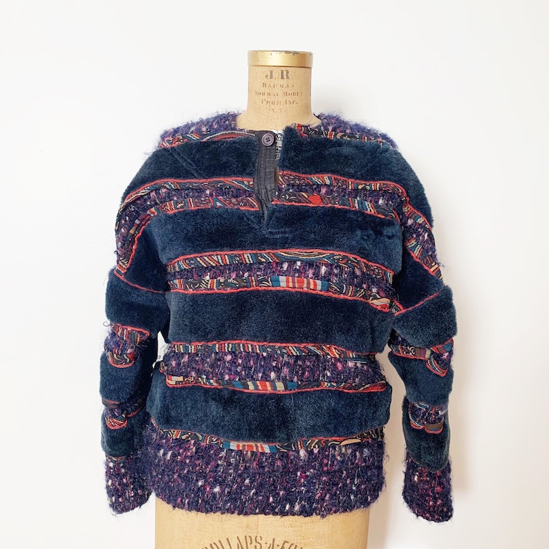 1980s 80s Vintage Stripe Patchwork Sweater Pullover by Koos Van Den Akker for Ben Kahn Furs Medium Large