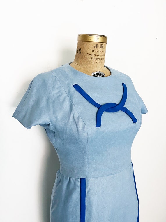 1950s / 50s Vintage Blue on Blue Sheath Dress / M… - image 3