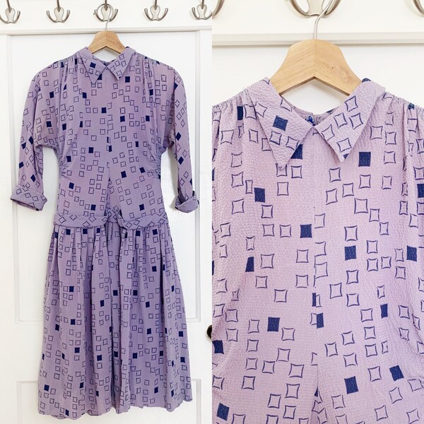 SALE 1940s / 40s Vintage Purple Diamond Print Dress / Extra Small XS