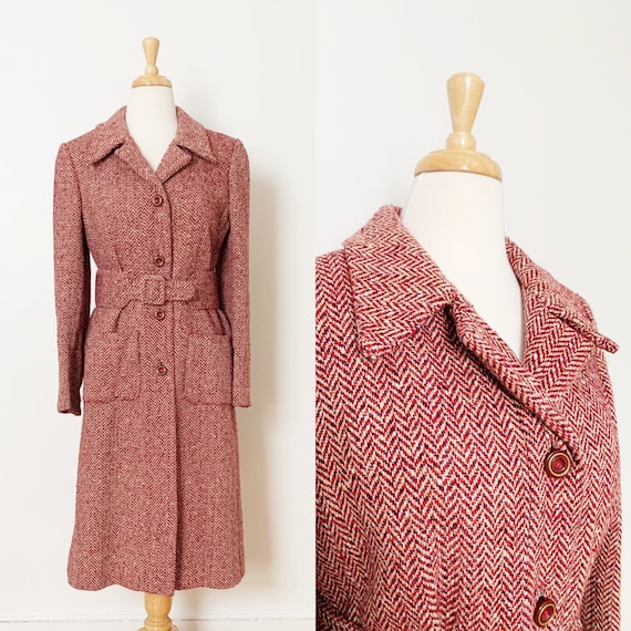 1970s / 70s Pink Purple Tweed Wool Belted Trench C