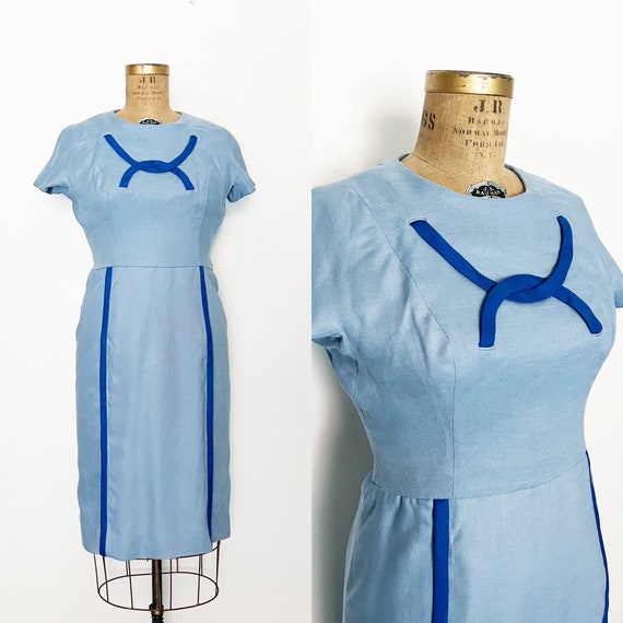 1950s / 50s Vintage Blue on Blue Sheath Dress / M… - image 1
