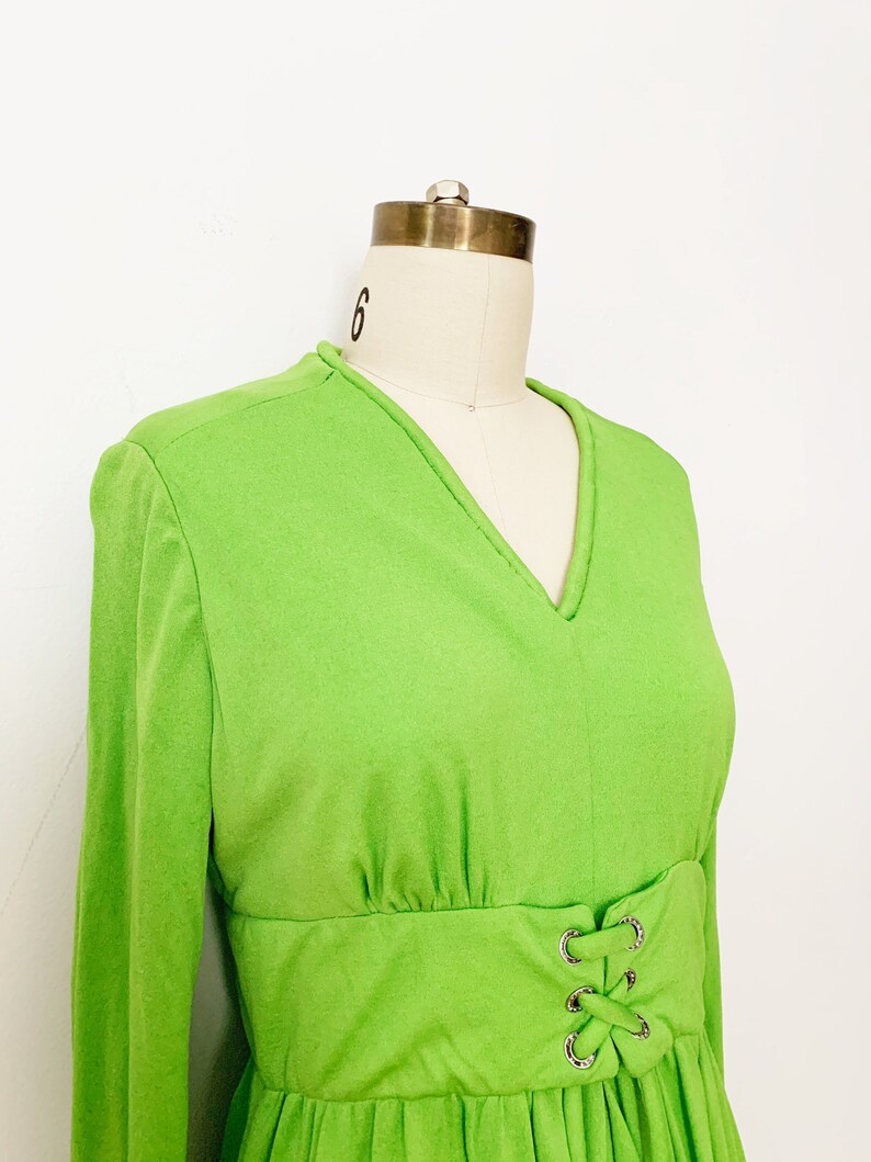 1970s 70s Vintage Lime Green Jersey Lace-up Wide Leg Jumpsuit Medium