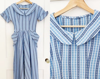 SALE 1950s / 50s Vintage Blue and White Checked Day Dress / Extra Extra Small XXS