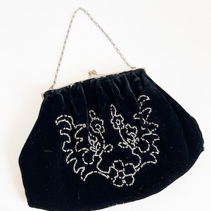 1920s / 20s Antique Black Silk Velvet Silver Beaded Evening Bag