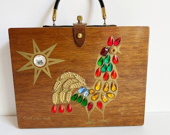 1960s Vintage Enid Collins "Cock O The Walk" Handmade Embellished Rooster Wood Box Bag / Purse