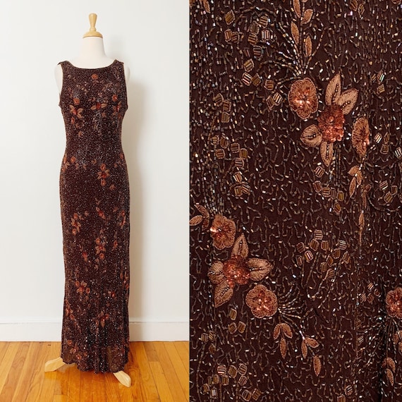1990s / 90s Vintage Brown Floral Beaded Evening Go