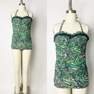 1950s / 50s Vintage Green and Black Abstract Print Smocked One Piece Swimsuit / Bathing Suit / Medium